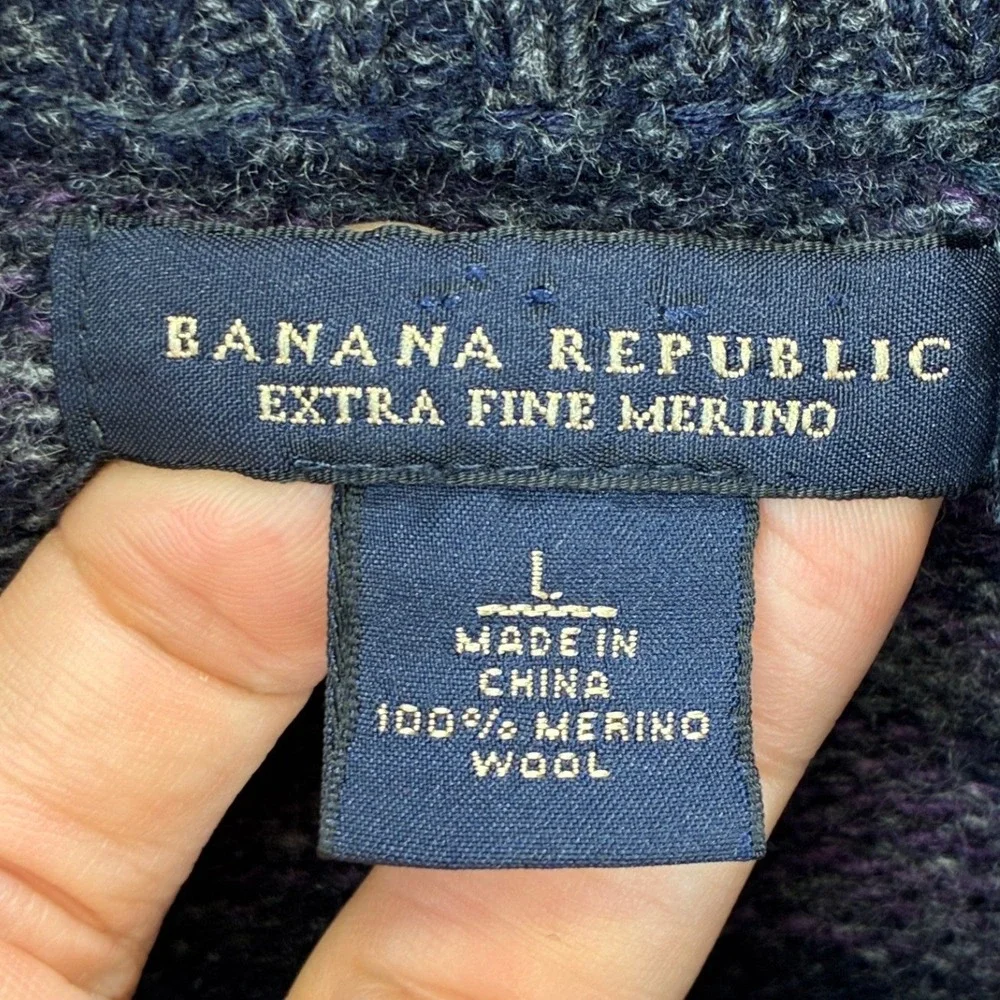 Banana Republic Half Zip Striped Sweater Mens L Gray Merino Wool Knit Pullover